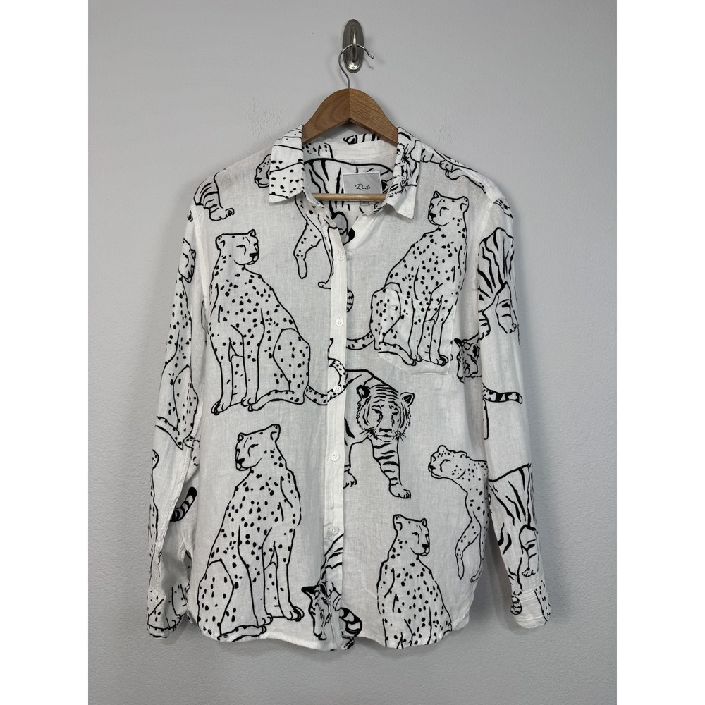 Rails Shirt Women's Medium White Black Charli Jungle Cats Linen Button Front Top